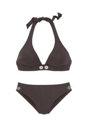Dark brown bikini set with halter neck tie top featuring two front buttons and matching bottoms with side buttons.