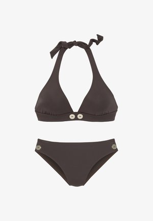 Dark brown bikini set with halter neck tie top featuring two front buttons and matching bottoms with side buttons.