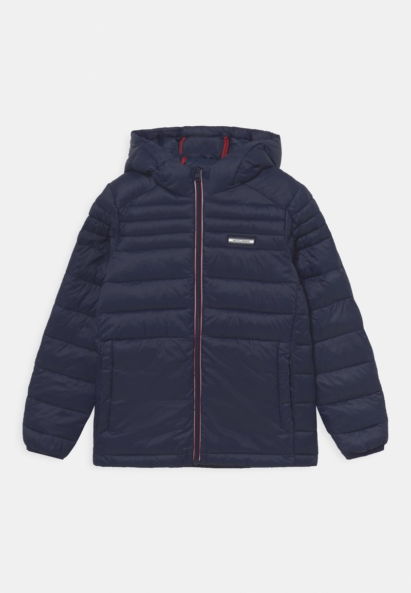 Navy puffer jacket with a hood, featuring a zip front, red accents, quilted design, and two front pockets. Lightweight and insulated.