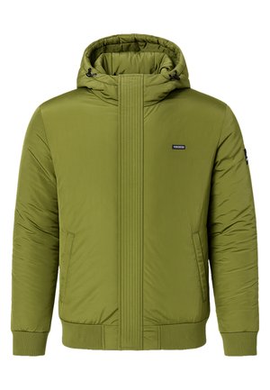 Grüne gepolsterte Jacke mit Kapuze, Frontreißverschluss, gerippten Bündchen und Saum. Verfügt über Seitentaschen und vertikale Rippdetails an der Vorderseite.