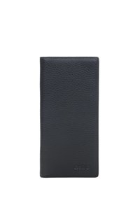 Black leather wallet with a textured surface; rectangular shape; embossed logo at the bottom. Simple, sleek design with no visible hardware.