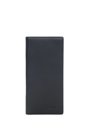 Black leather wallet with a textured surface; rectangular shape; embossed logo at the bottom. Simple, sleek design with no visible hardware.