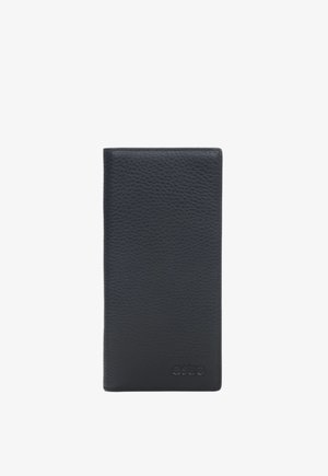 Portefeuille en cuir noir avec une surface texturée ; forme rectangulaire ; logo en relief en bas. Design simple et élégant sans matériel visible.