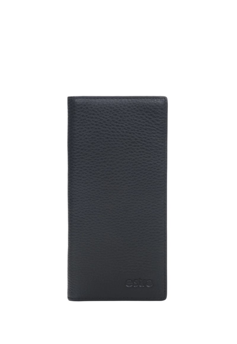 Black leather wallet with a textured surface; rectangular shape; embossed logo at the bottom. Simple, sleek design with no visible hardware.