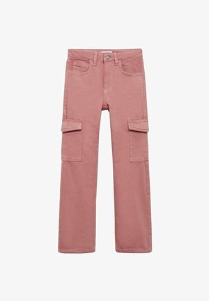 Pantaloni cargo rosa a gamba dritta con tasche frontali a patta, passanti per cintura e chiusura con bottone, disposti in piano su sfondo bianco.