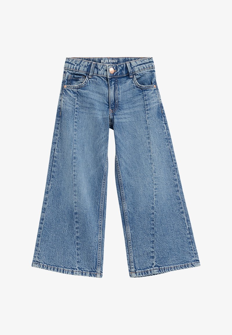 Jean bleu à jambes larges avec bouton devant, passants de ceinture et poches, posé à plat sur un fond blanc.