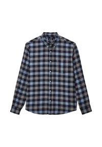 Chemise à manches longues à boutons dans un motif à carreaux bleu marine, gris et bleu clair. Tissu en coton, col pointu, poche poitrine simple.