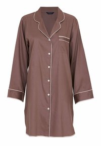 Bruine katoenen pyjamashirt met lange mouwen, witte bies langs de kraag en zak, en zes knopen aan de voorkant. Eenvoudig ontwerp, losse pasvorm.