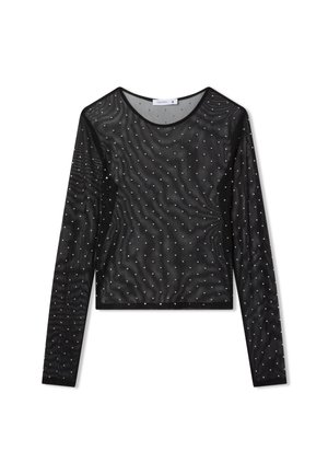 Czarny, długi rękaw top wykonany z przezroczystej siateczki, z teksturowanym wzorem i małymi srebrnymi kropkami równomiernie rozmieszczonymi na powierzchni.