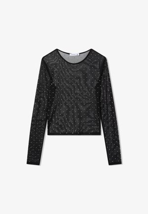 Czarny, długi rękaw top wykonany z przezroczystej siateczki, z teksturowanym wzorem i małymi srebrnymi kropkami równomiernie rozmieszczonymi na powierzchni.