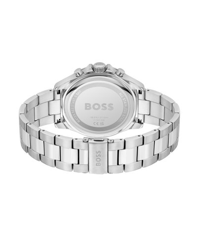 Montre en acier inoxydable argenté avec un bracelet à maillons, caractérisée par un boîtier rond et une finition lisse et polie. Gravé "BOSS" à l'arrière.