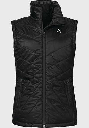 Schwarze gesteppte ärmellose Weste mit Frontreißverschluss, Stehkragen, Reißverschlusstaschen an den Seiten und kleinem weißem Logo auf der linken Brust.