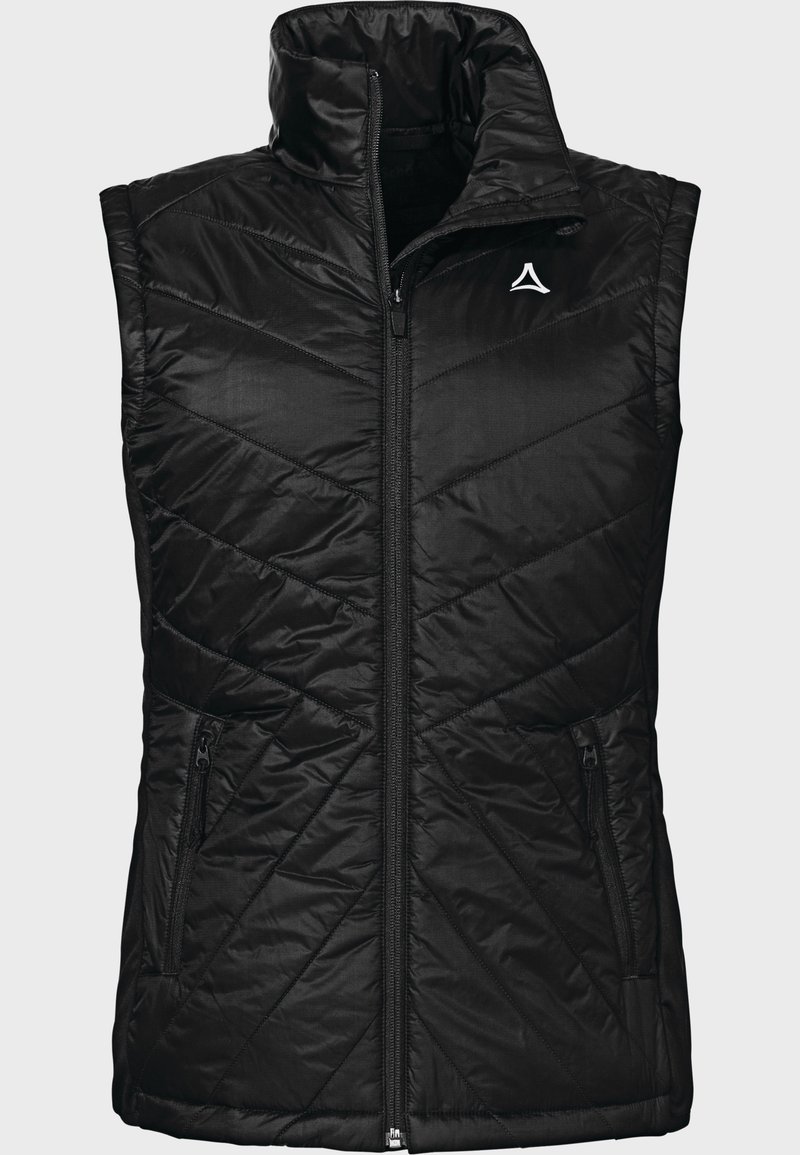 Veste sans manches noire matelassée avec fermeture éclair frontale, col montant, poches latérales zippées et petit logo blanc sur la poitrine gauche.
