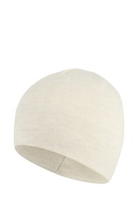 Knit beanie in cream color, featuring a smooth texture, rounded crown, and a snug fit. Seam detail at the back.