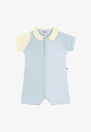 Kurzärmeliger gestreifter Jumpsuit in Blau und Gelb, mit Kragen,Frontknöpfen und weichem Stoff. Geteiltes Farbdesign mit dezenten Mustern.