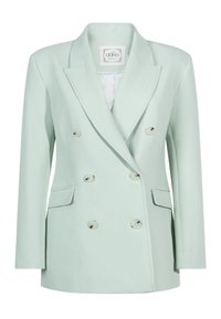 Dubbelzijdige mintgroene blazer van gladde stof, met een gelapte revers, zes knopen en twee zijzakken. Effen gevoerd interieur.