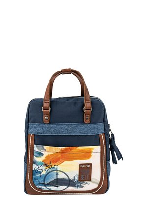 Bolsa de tela azul marino con detalles en cuero marrón, con un diseño artístico colorido en el frente, dos asas superiores y cierre de cremallera.