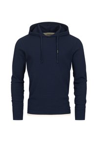 Marine blaue Kapuzenpullover aus strukturiertem Stoff. Mit langen Ärmeln, einer Vordertasche und einem kontrastierenden Saum. Enthält verstellbare Kordeln.