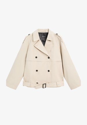 Beige dubbelbreasted trenchcoat met brede revers, zwarte knopen, ceintuur in de taille en schouderepauletten, plat gelegd op een witte achtergrond.