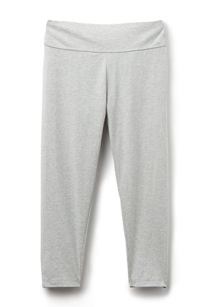 Leggings gris clair en matériau doux et extensible, avec une large taille, présentant une texture lisse sans motifs ni accessoires visibles.