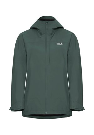 Veste imperméable à capuche vert foncé avec fermeture éclair avant, poignets ajustables et logo "Jack Wolfskin" sur la poitrine.
