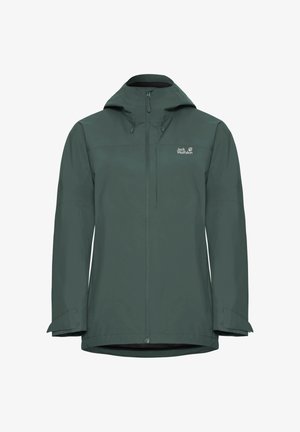 Donkergroene waterdichte jas met capuchon, voorrits, verstelbare manchetten en "Jack Wolfskin"-logo op de borst.