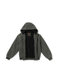 Dark gray hooded jacket with ribbed cuffs and hem, front zipper, and a quilted black lining. Features smooth, durable fabric and a relaxed fit.