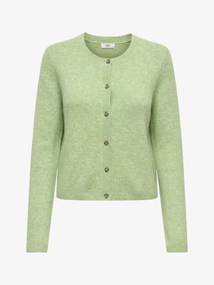 Gaiši zaļš kardigans no mīksta materiāla ar apaļu apkakli, garām piedurknēm un pogu aizdari ar dekoratīvām pogām.