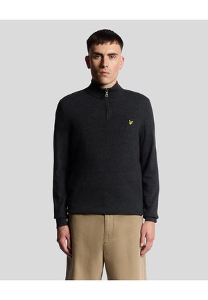 Dunkelgrauer, zip-up Pullover mit Stehkragen und gerippten Bündchen. Verfügt über ein kleines gelbes Logo auf der Brust. Hergestellt aus einem strukturierten Stoff.