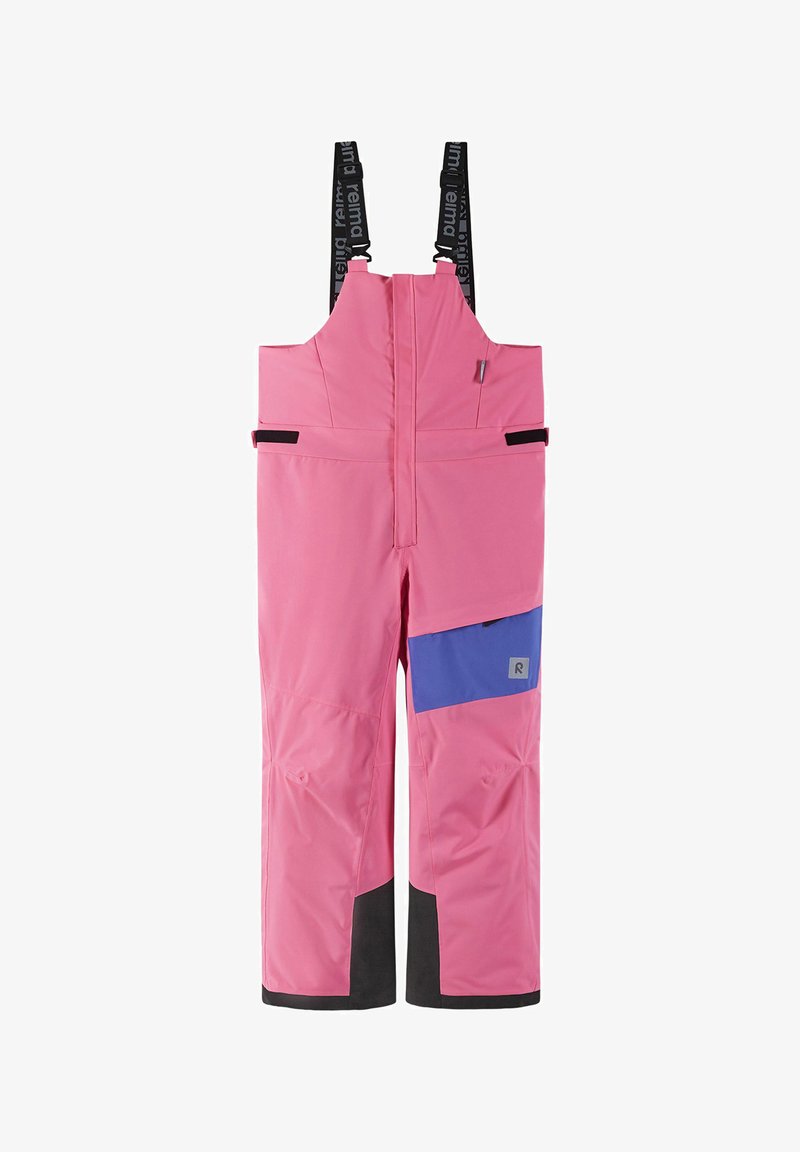 Pink snow pants with black accents, adjustable straps, front zipper, and a blue side pocket featuring a gray logo patch. Waterproof material.