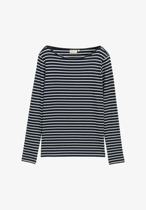 Morska i biała koszula z długim rękawem w paski, z szerokim dekoltem, wykonana z miękkiego materiału, z równomiernie rozmieszczonymi poziomymi paskami.