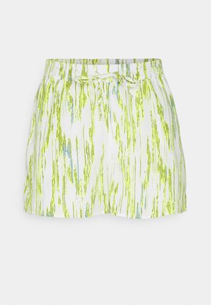 Shorts blancs courts avec taille à cordon de serrage, présentant un motif de rayures verticales vertes et bleues. Fabriqués dans un tissu léger et lisse.