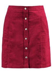 Červená kordurová sukně se střihovým střihem, s předním zapínáním na knoflíky a stříbrnými kovovými knoflíky uprostřed. Texturovaná látka.