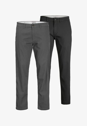 Deux paires de pantalons droits pour hommes, une gris foncé et une noire, avec des fermetures à bouton et des passants de ceinture, présentées côte à côte.
