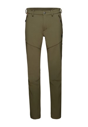 Olive green outdoor pants with zippered side pockets, belt loops, front button closure, and reinforced knee seams.