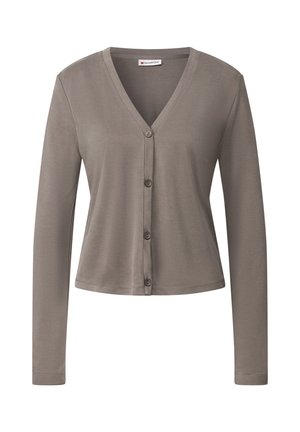 Long-sleeve taupe cardigan with a V-neck, button closure, and soft, smooth texture. Features a fitted waist with a straight hem.