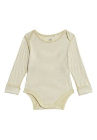 Bodysuit de bebé de manga larga en rayas amarillo pálido y blanco, hecho de una tela suave con cierres a presión en la parte inferior y en los puños.