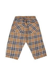 Bruine, blauwe en witte geruite broek met elastische tailleband, voorzien van twee achterzakken, waarvan er één een klein sterretje label heeft.