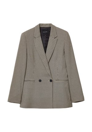 Blazer croisé en motif pied de poule noir et blanc, présentant un col cranté et deux poches avant. Fabriqué en tissu texturé.
