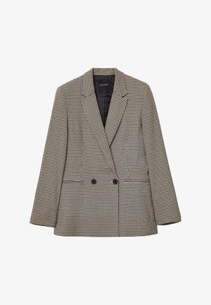 Doppelreihiger Blazer im schwarz-weißem Hahnentrittmuster mit Reverskragen und zwei vorderen Taschen. Hergestellt aus strukturiertem Stoff.