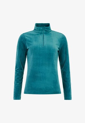 Tyrkysový dlouhý rukáv top se zipovým krkem, s texturovaným pleteným vzorem a přiléhavým střihem, vyrobený z měkkého, plyšového materiálu.