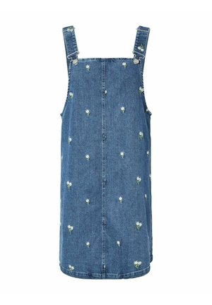 Kék farmer előnyös ruha kis fehér margaréta virágmintákkal, állítható vállpántokkal és fém csatokkal.