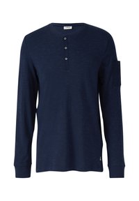 Marineblauwe lange mouwen henley shirt met drie knopen aan de voorkant en een klein zakje op de linker bovenarm.