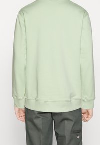Sweat-shirt vert menthe avec poignets et ourlet côtelés, présentant un design simple. Porté avec un pantalon gris.