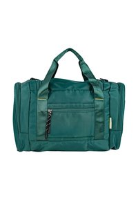 Bolsa de lona verde de nailon con dobles asas superiores, un bolsillo frontal con cremallera y costuras decorativas; diseño duradero, ligero y espacioso.