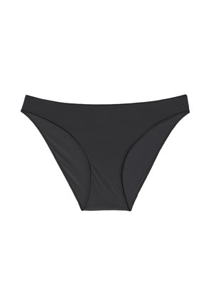 Zwarte bikinionderkant gemaakt van gladde, rekbare stof. Heeft een low-rise ontwerp met contrasterende stiksels en een minimalistische silhouet.