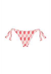 Braguitas de bikini a cuadros rosas y blancas con cierres de lazo laterales sobre un fondo blanco.