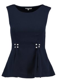 Námořnicky modrý bezramenný peplum top s prošitými sklady a čtyřmi dekorativními perlami podobnými knoflíky na bocích. Hladký omak látky.