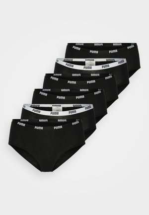 Black cotton hipster briefs in a pack of six, featuring a white elastic waistband with repeated "PUMA" branding. Smooth texture, standard shape.