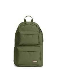 Zaino verde oliva con tessuto texturizzato, due tasche anteriori con zip e manico superiore. Presenta un patch con logo nella sezione inferiore.